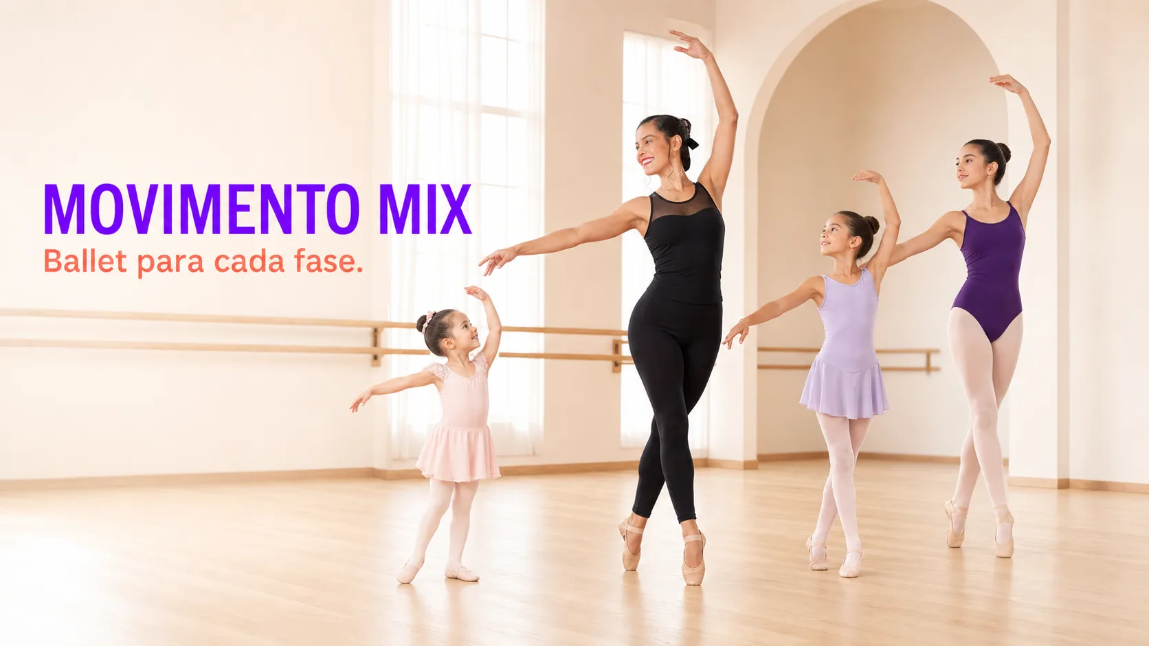Professora do Movimento Mix conduzindo uma aula de ballet com alunas de diferentes idades